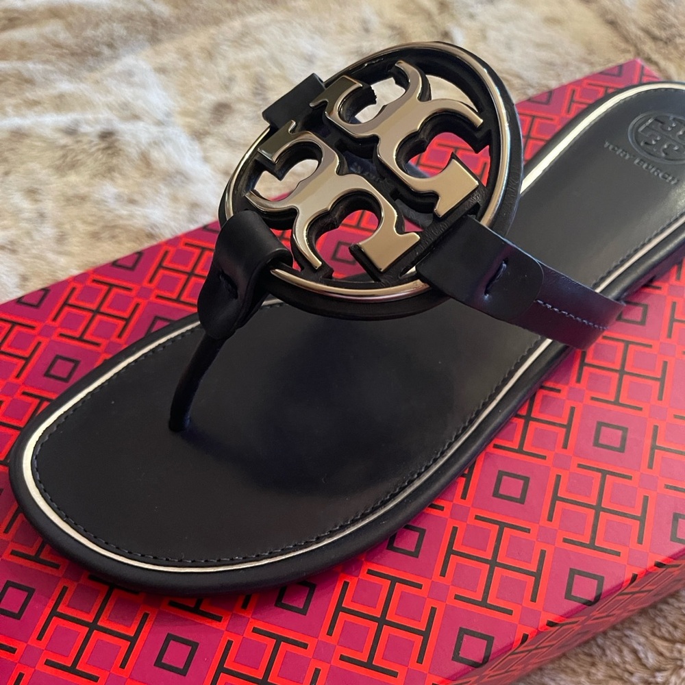 Tory Burch Metal Miller Calf Leather Sandals- Perfect Navy